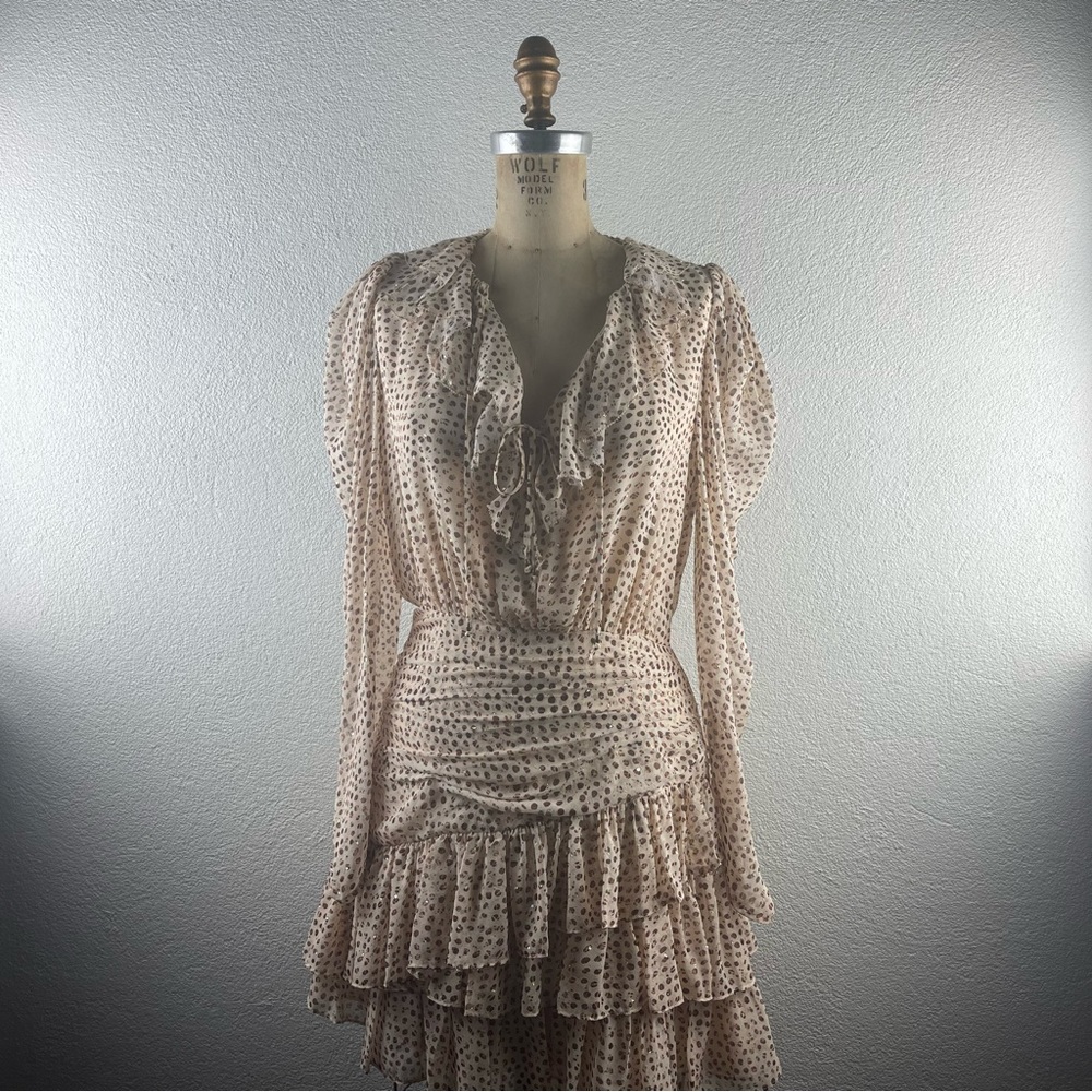 Ulla Johnson l 4 Cecily Metallic Leopard Ikat Dot Long Sleeve Silk Blend Dress
